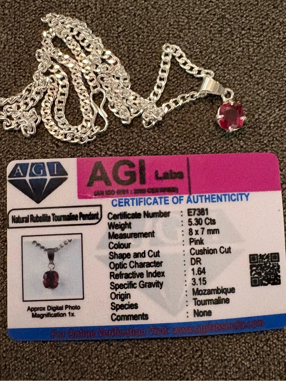 AGI Certified Pink Tourmaline Pendant Necklace in Silver